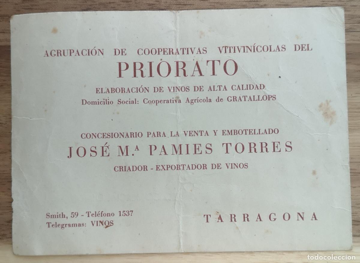 Documentos antiguos: TARJETA - AGRUPACI&Oacute;N DE COOPERATIVAS VITIVINICOLAS DEL PRIORATO - Concesionario PAMIES (TARRAGONA)