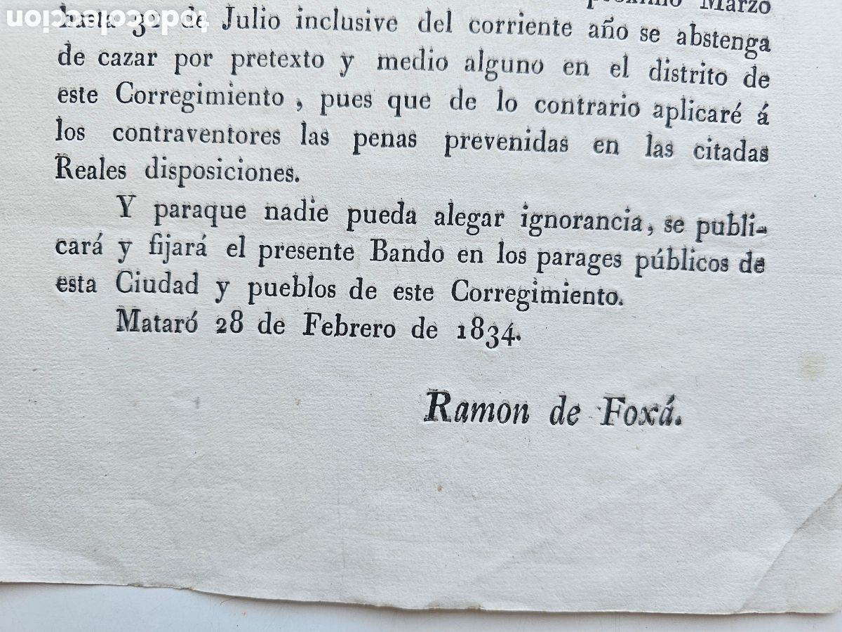 Documentos antiguos: Documento de Matar&oacute; de 1834 Ramon de Fox&agrave; prohibici&oacute;n de Caza brigadier - Foto 2