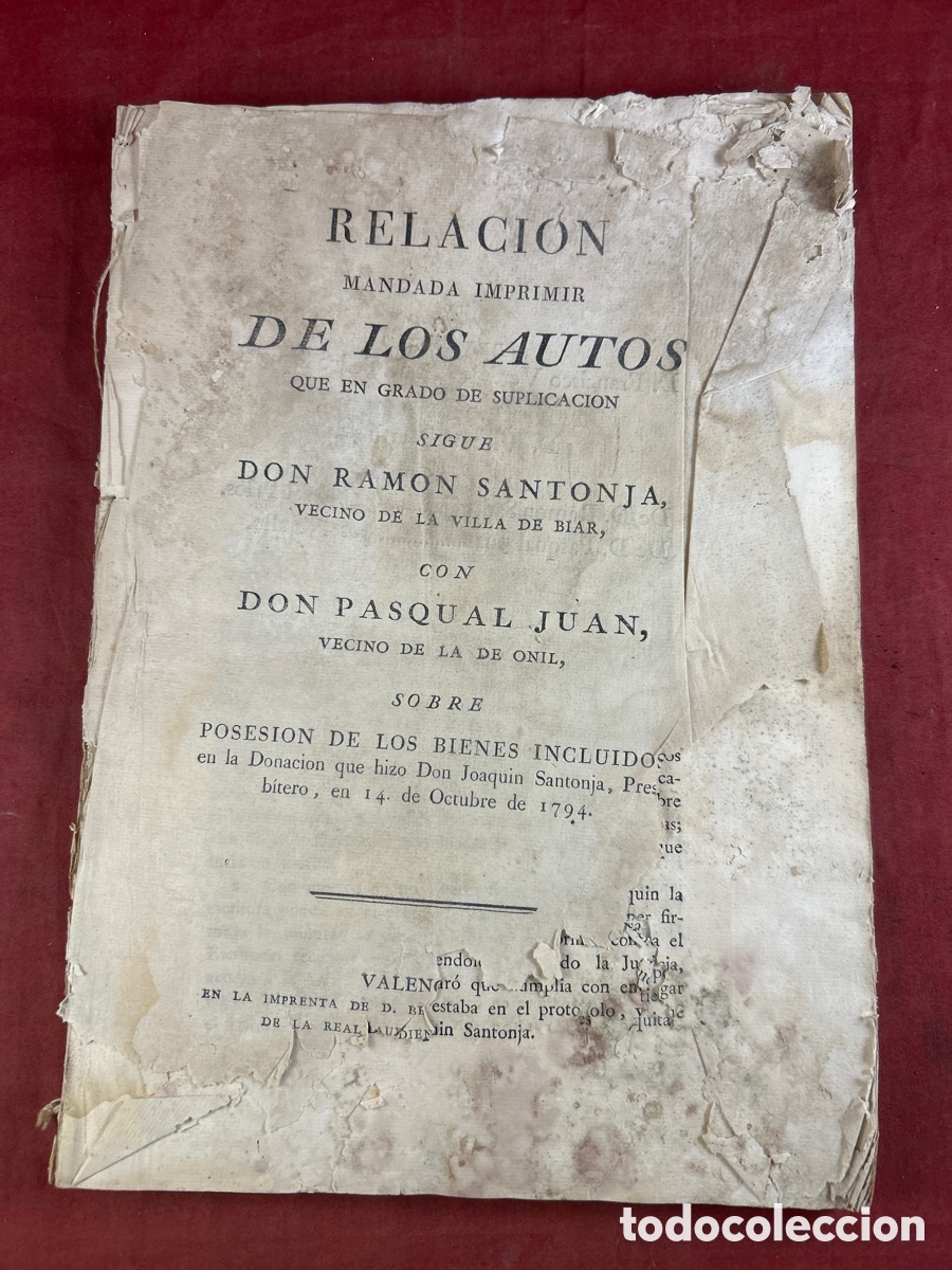 Documentos antigos: RELACI&Oacute;N MANDADA IMPRIMIR DE LOS AUTOS QUE SIGUE D. RAM&Oacute;N SANTONJA VILLA DE ONIL CON D.PASCUAL JUAN
