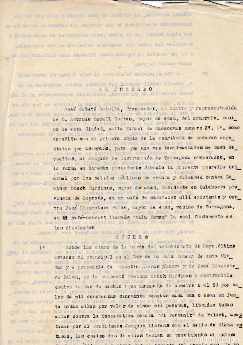 Old Documents: 1934 TARRAGONA DENUNCIA ESTAFA FALSEDAD. EDEN CONCERT BAR SALA PONEN. COOPERATIVA EL PORVENIR FALSET