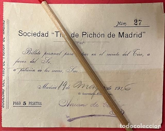 Old Documents: SOCIEDAD TIRO DE PICHON DE MADRID BILLETE PERSONAL 1916