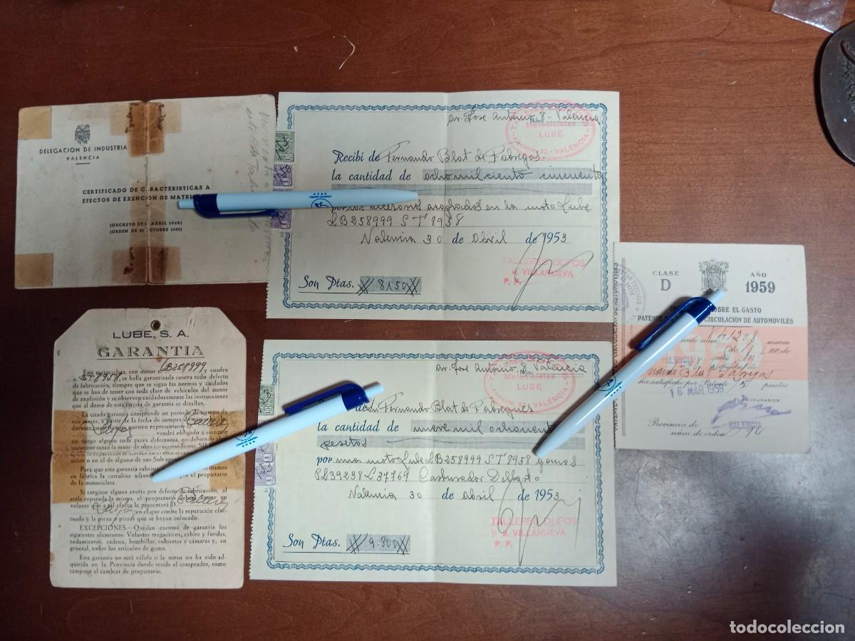 Old Documents: TALLERES DUFOS VALENCIA CONCESIONARIO MOTO LUBE - RECIBOS COMPRA , GARANTIA Y TARJETA DATOS TECNICOS