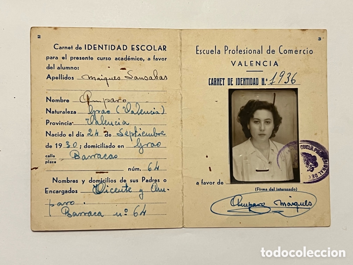 Documentos antigos: VALENCIA, Documento Carnet Escolar. Escuela Profesional de Comercio. Curso de 194 ? - a 194 ?