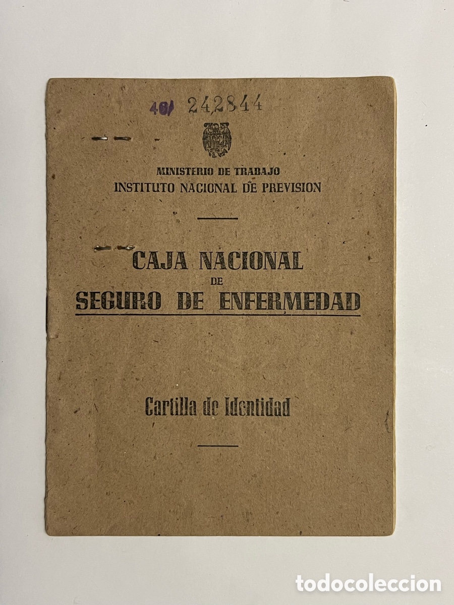 Documentos antigos: CAJA NACIONAL DE SEGURO DE ENFERMEDAD. Cartilla de identidad, Valencia. Julio de 1949