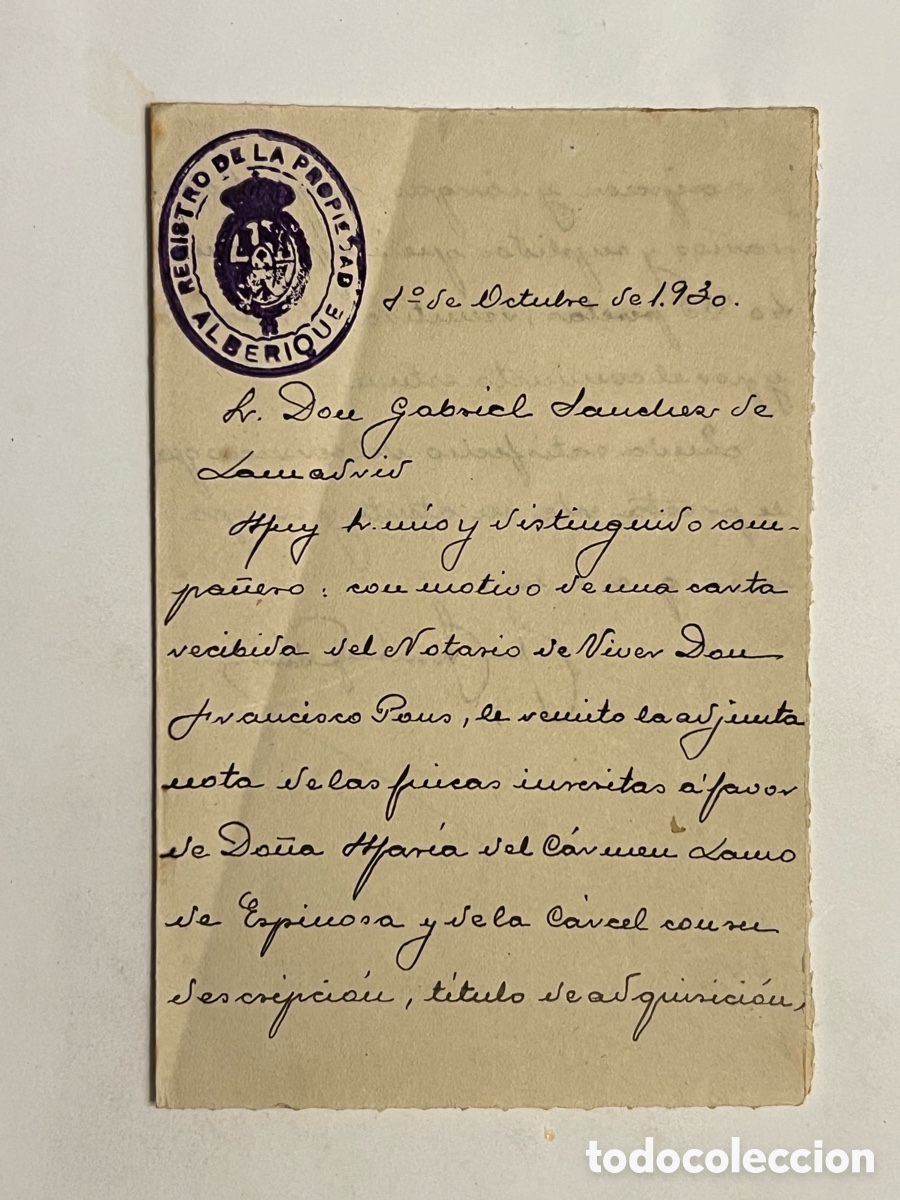 Documentos antigos: ALBERIQUE (Valencia) Documento manuscrito venta de bienes en ViVer&hellip; (a.1930) doble hoja