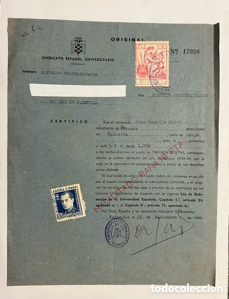Documentos antigos: VALENCIA. SINDICATO ESPA&Ntilde;OL UNIVERSITARIO.. Certificado de pertenencia al S.E.U.. (a.1934)