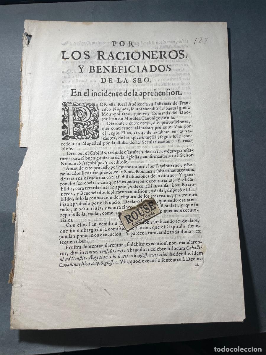 Old Documents: REAL CELULA - 1646POR LOS RACIONEROS Y BENEFICIADOS DE LA SEO . EN EL INCIDENTE DE LA PREHENSION