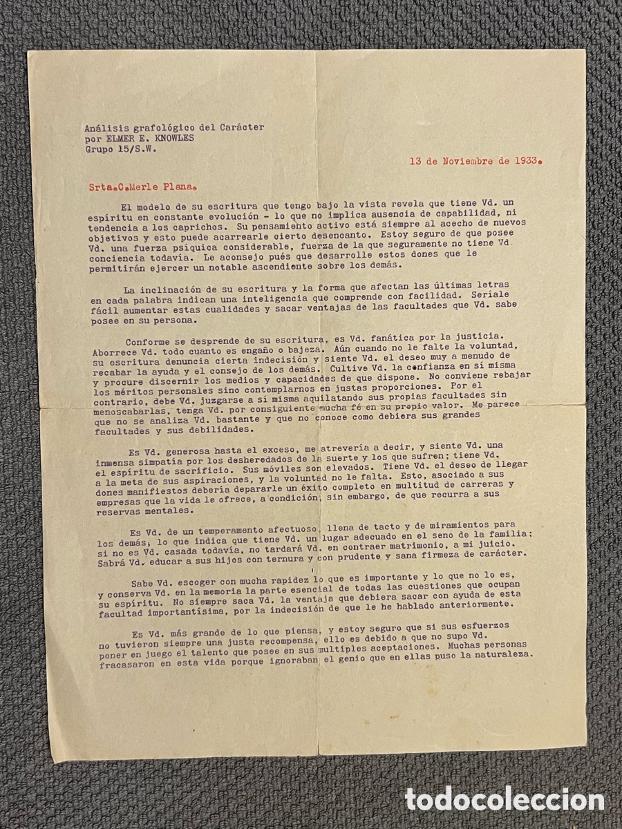 Old Documents: An&aacute;lisis grafol&oacute;gico del Car&aacute;cter por ELMER E. KNOWLES. Carta manuscrita (a.1933)