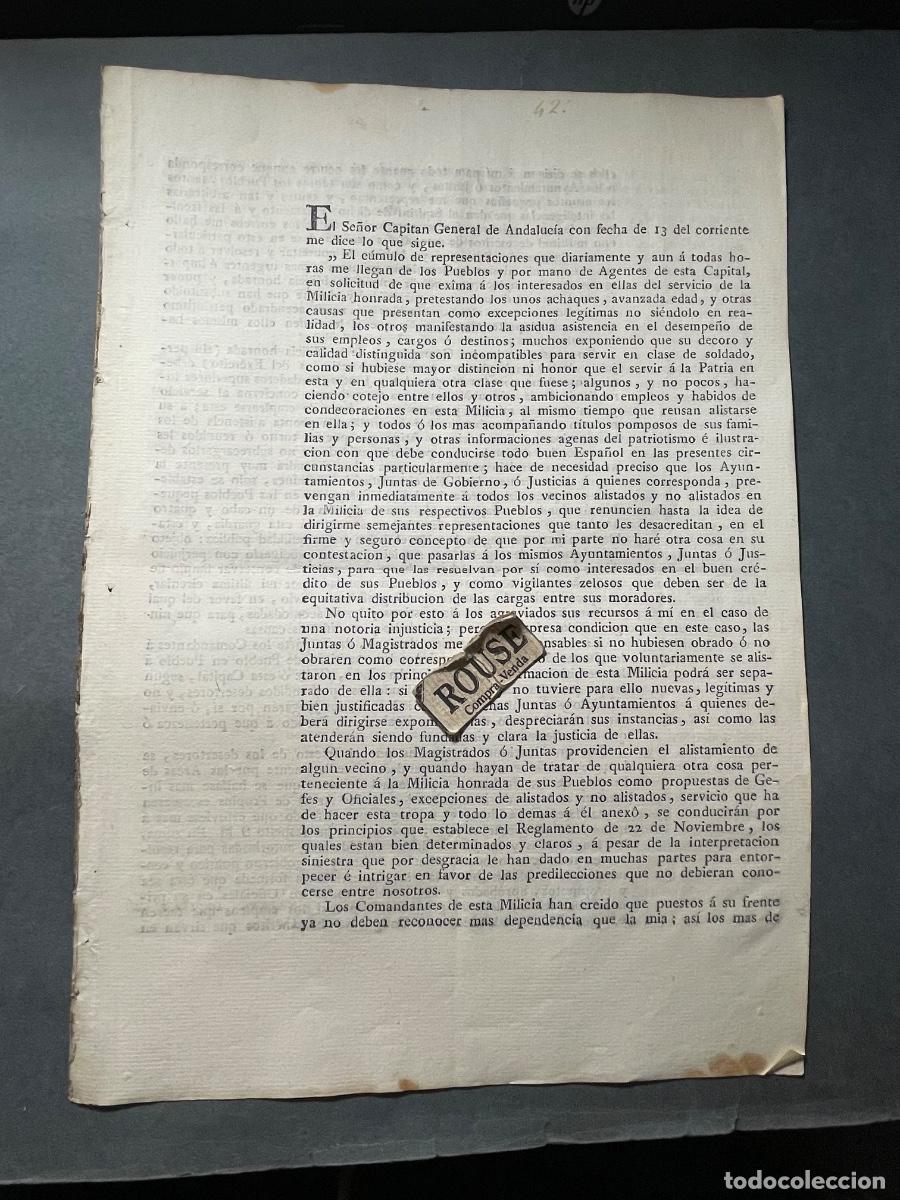 Documents Anciens: REAL CEDULA - 1809 - EL SE&Ntilde;OR CAPITAN GENERAL DE ANDALUCIA QUE COMO BUEN ESPA&Ntilde;OL DEBE ALISTARSE A LA