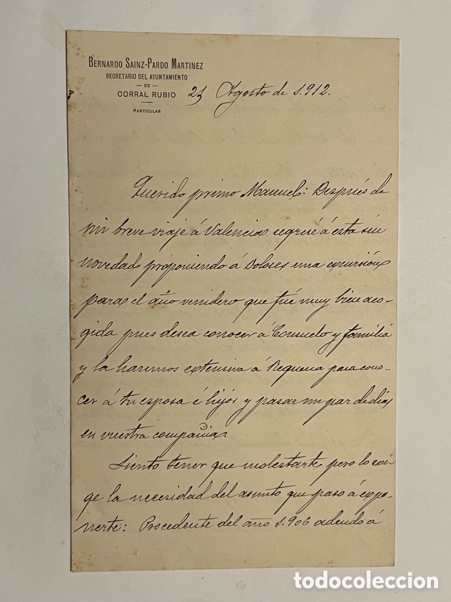 Documentos antigos: CORRAL RUBIO Albacete. Solicitud a un familiar dinero prestado para no perder la propiedad (a.1912)