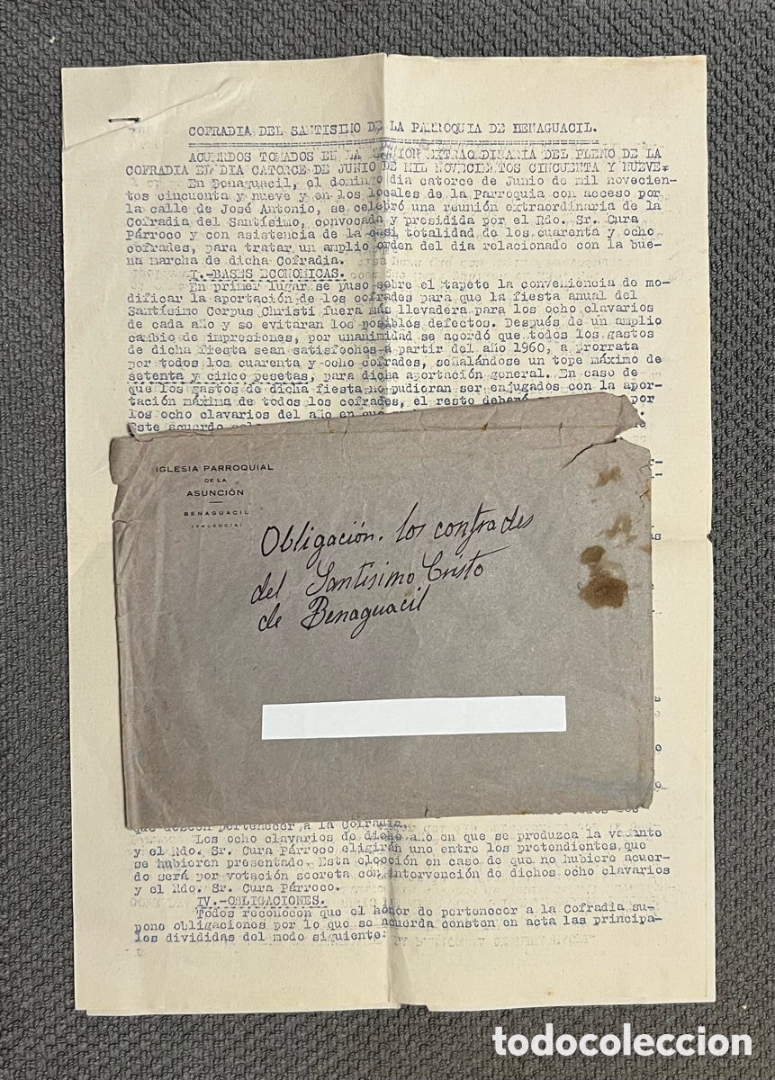 Documentos antigos: BENAGUACIL, Valencia.. Circular Obligaciones de los Cofrades del Sant&iacute;simo Cristo.. (a.1959)