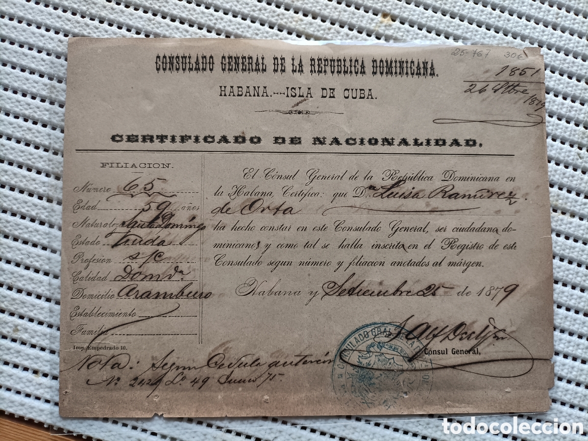 Documentos antigos: 25-767 CERTIFICADO DE NACIONALIDAD DOMINICANA.