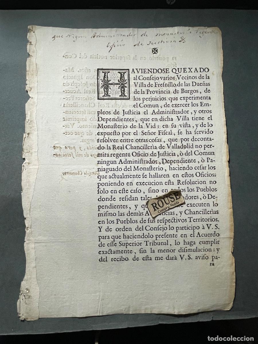 Documentos antiguos: REAL CEDULA - 1768 - VILLA DE FRESNILLO DE LAS DUE&Ntilde;AS PROV. DE BURGOS - DICHA VILLA TIENE MONASTERIO