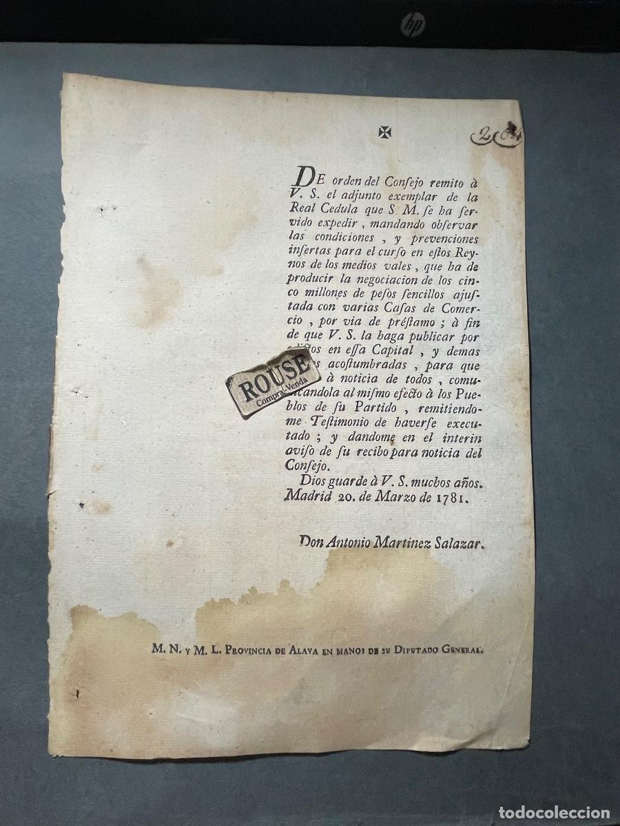 Documentos antiguos: REAL CEDULA - MADRID 1781 - CASAS DE COMERCIO , POR VIA DE PRESTAMO - ANTONIO MARTINEZ SALAZAR M.N.
