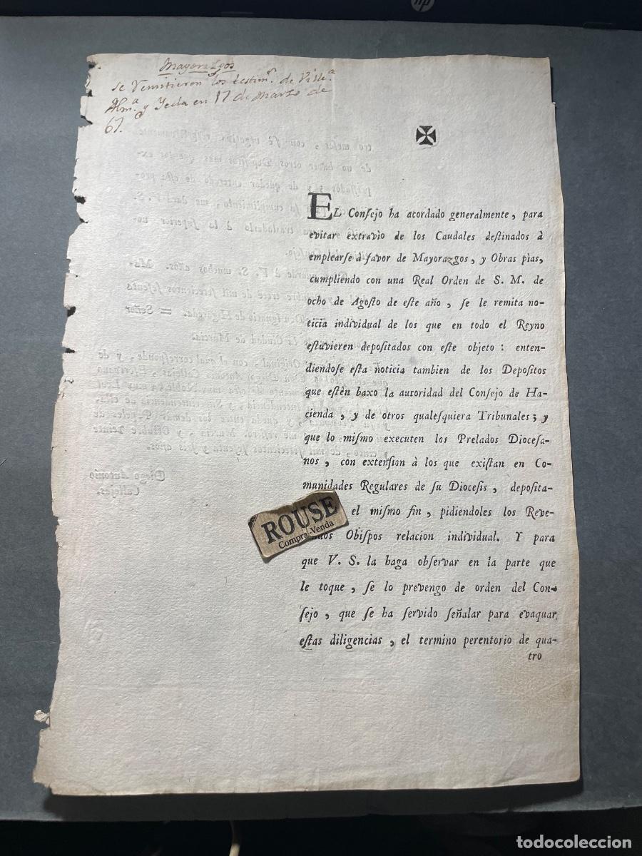 Documentos antiguos: REAL CEDULA - MADRID 1766 - SE&Ntilde;OR CORREGIDOR DE LA CIUDAD DE MURCIA D. IGNACIO DE HIGAREDA - EVITAR