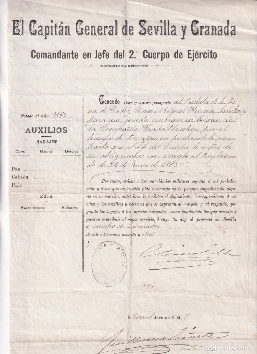Documentos antigos: PASAPORTE A UN RECLUTA DE C&Aacute;DIZ PARA NAVEGAR TRES A&Ntilde;OS EN LA COMPA&Ntilde;&Iacute;A TRASATL&Aacute;NTICA. 1896