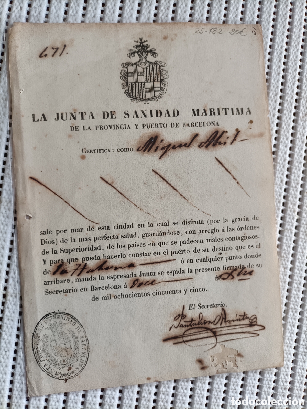 Documentos antigos: 25-782 LA JUNTA DE SANIDAD DE BARCELONA.