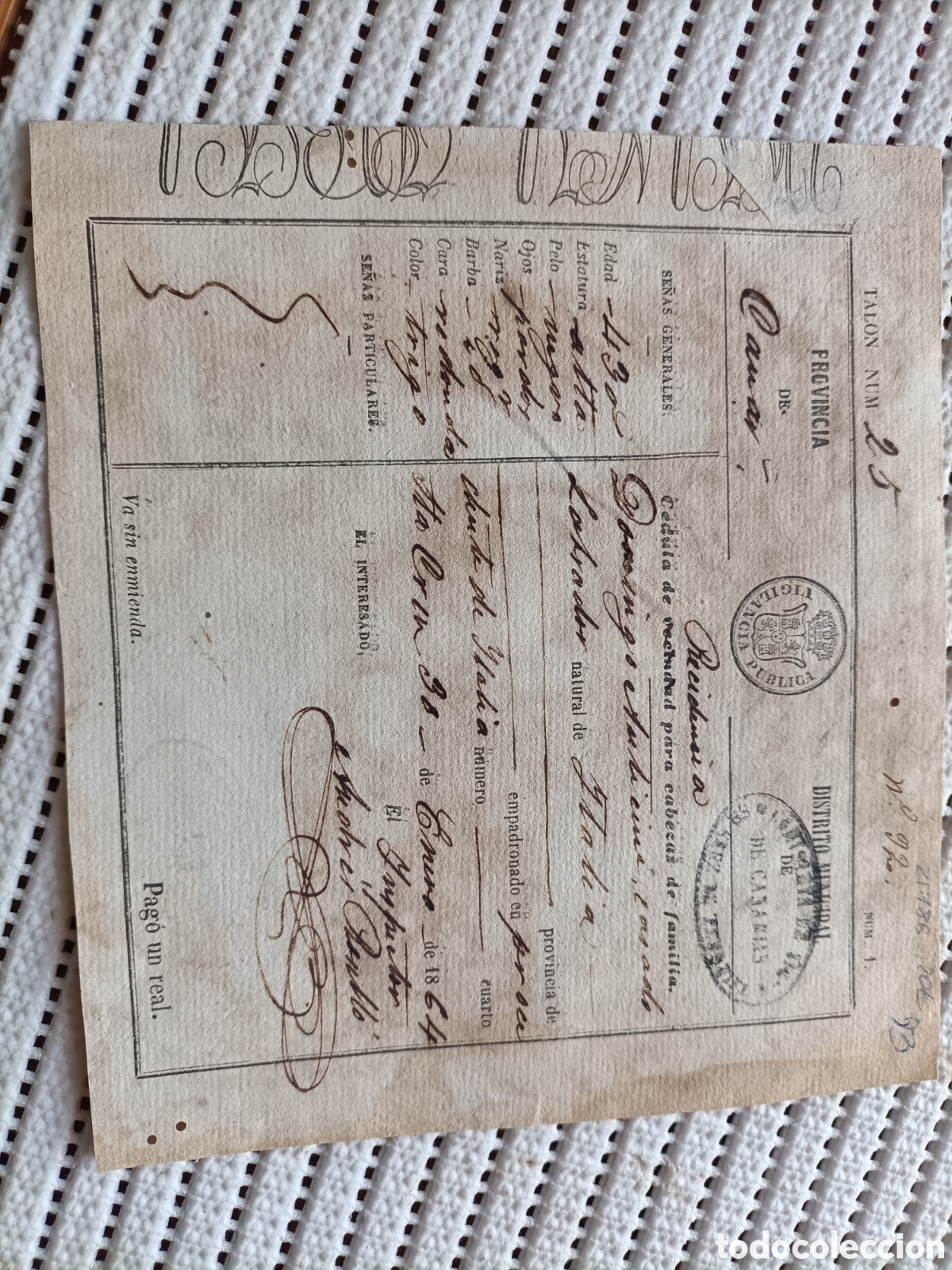 Documentos antigos: 25-786 CEDULA DE VECINDAD PARA EL CABEZA DE FAMILIA.