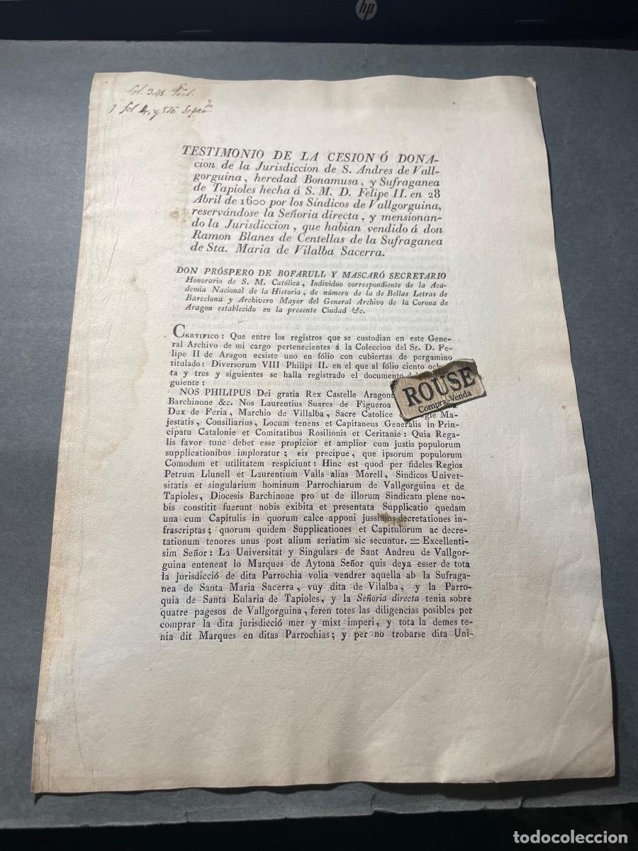 Alte Dokumente: REAL CELULA - 1820 SAN ANDRES DE VALLGORGUINA , HEREDAD BONAMUSA Y SUFRAGANEA DE TAPIOLES HECHA &Aacute; S.