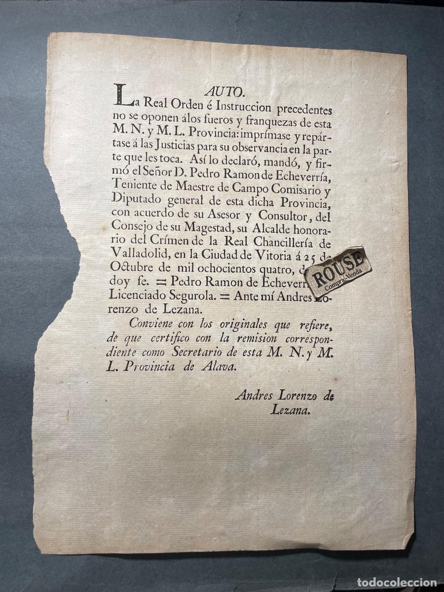 Alte Dokumente: REAL CEDULA - 1804 - ALAVA - AUTO , REAL ORDEN &Eacute; INSTRUCCION PRECEDENTES NO SE OPONEN &Aacute; LOS FUEROS