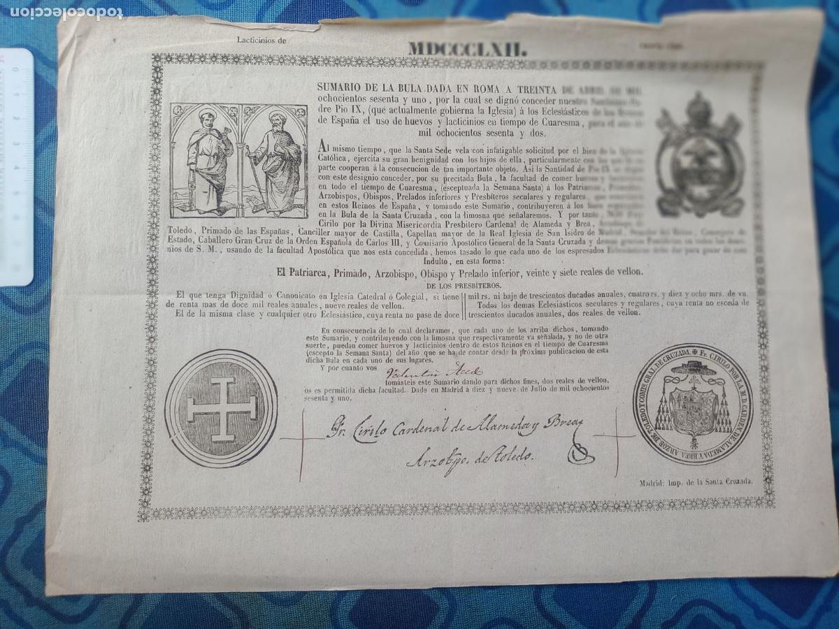 Old Documents: BULA DE INDULGENCIA PLENARIA, S.S. PIO IX - 1862 - IMPRENTA DE LA SANTA CRUZADA, MADRID