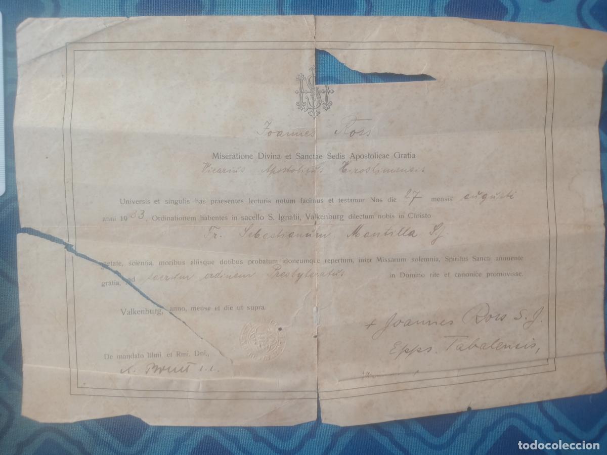 Old Documents: Sebasti&aacute;n Montilla. Documento de ordenaci&oacute;n en lat&iacute;n 1933
