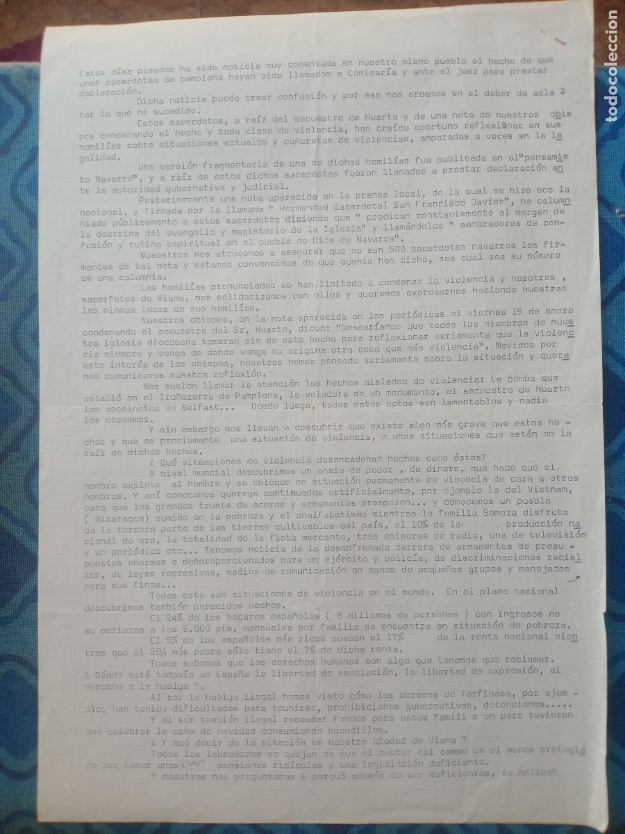Documentos antigos: Transici&oacute;n pol&iacute;tica. Sacerdotes de Pamplona, Huelga en Navarra. Cristianos obreros. Clandestinidad