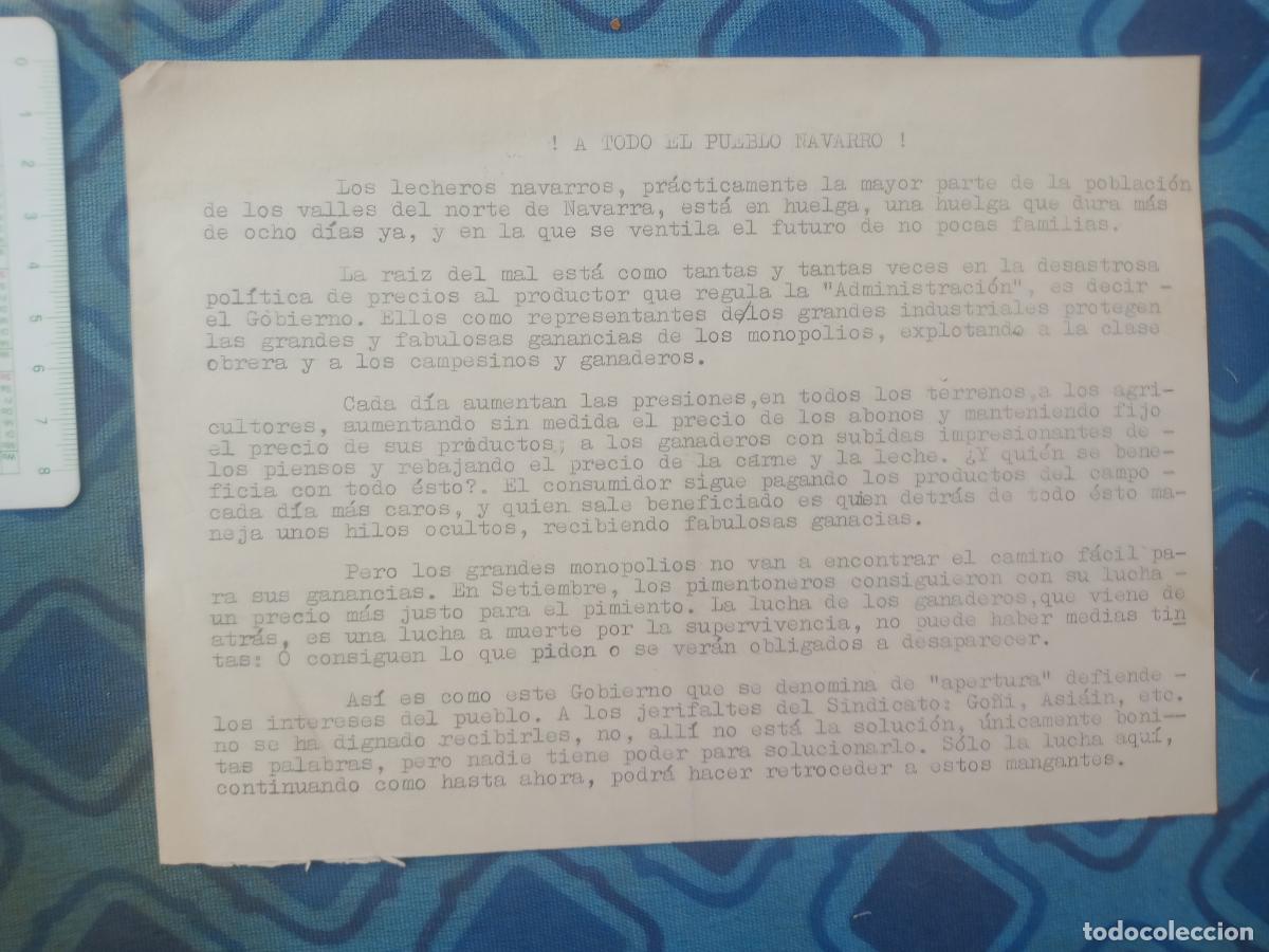 Documentos antigos: Transici&oacute;n pol&iacute;tica. Pasqu&iacute;n A TODO EL PUEBLO VASCO. Lecheros navarros ORT 1974