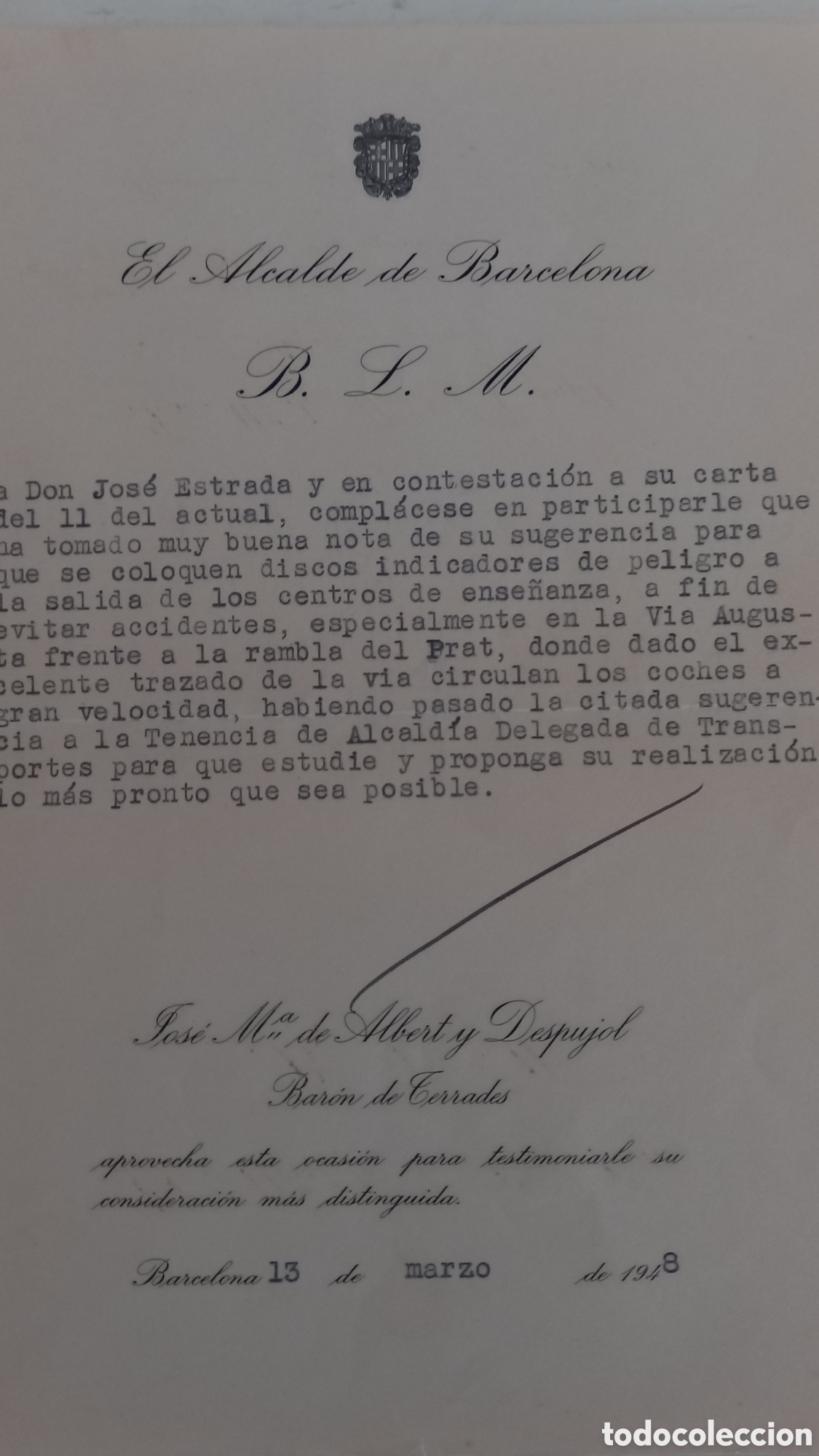 Old Documents: ALCALDE DE BARCELONA. Baron de Terrades. Comunicaci&oacute;n oficial Ayuntamiento Barcelona. 1948