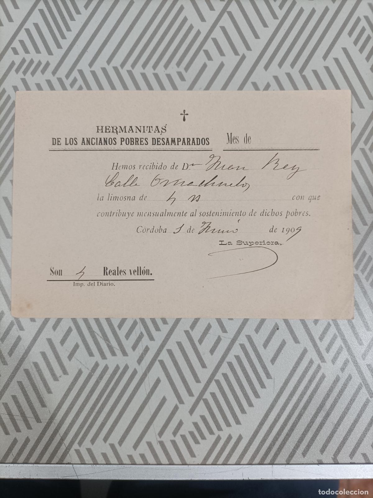 Documentos antigos: Recibo Hermanitas de los pobres desamparadas.C&oacute;rdoba 1909
