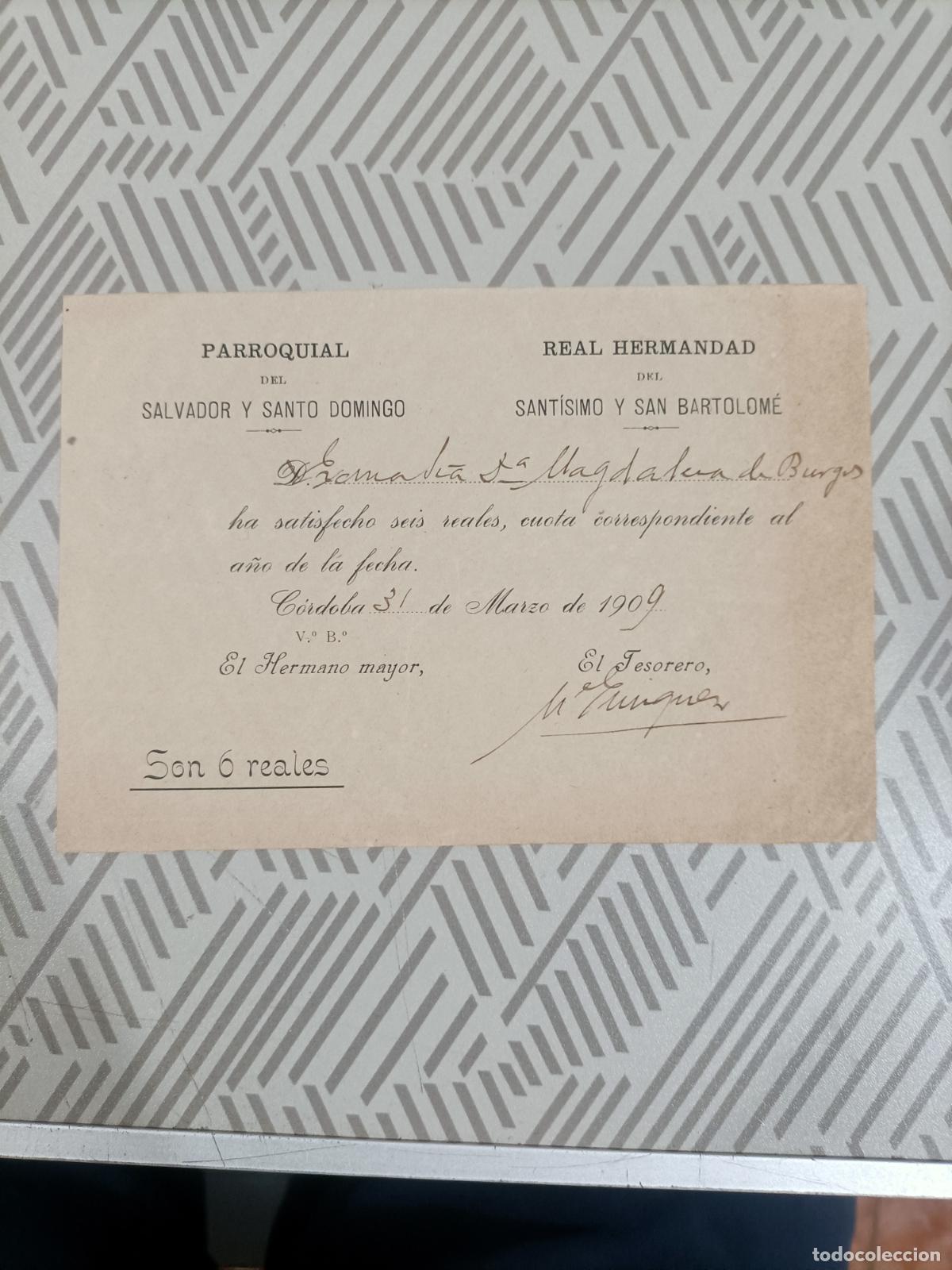 Documentos antigos: Recibo . Parroquia del Salvador y Santo Domingo.C&oacute;rdoba 1909