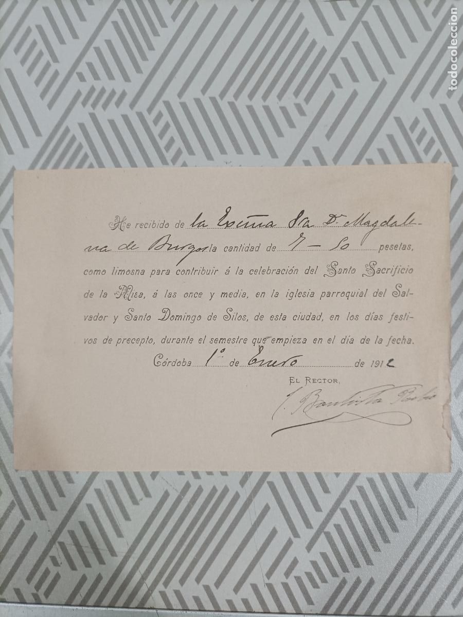 Documentos antigos: Recibo . Parroquia del Salvador y Santo Domingo de Silos.C&oacute;rdoba 1909