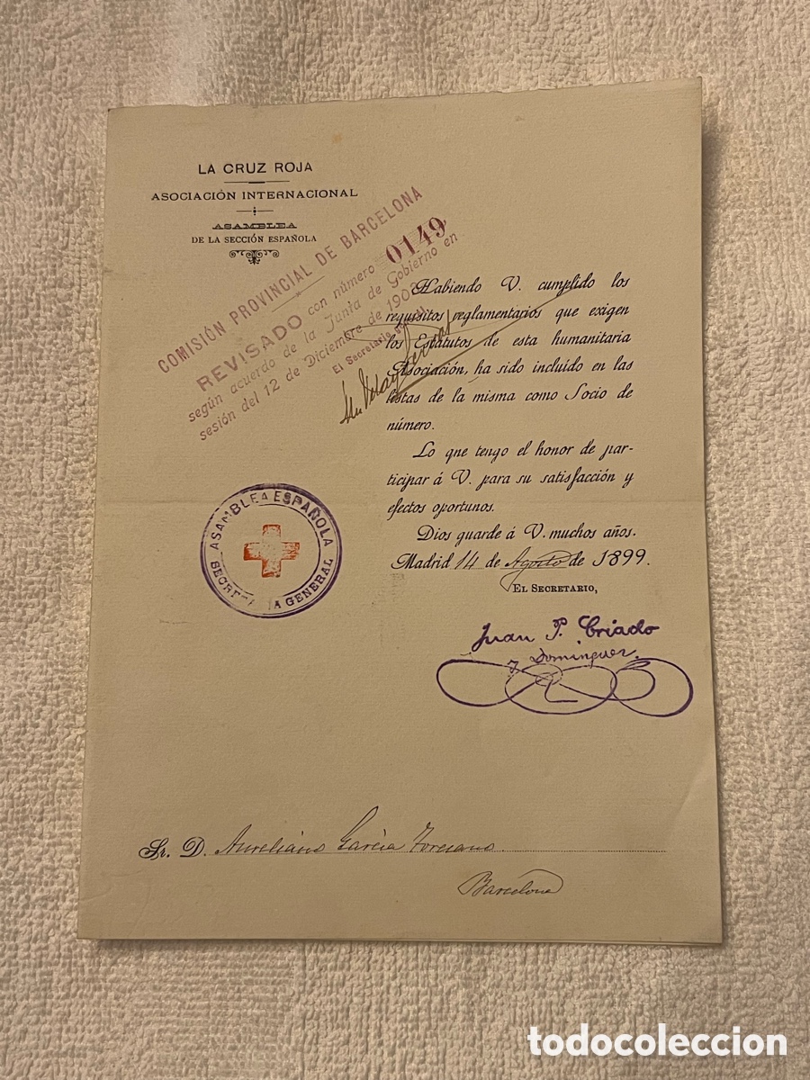 Documentos antigos: CRUZ ROJA. D Aureliano Garc&iacute;a Toresano. Incluido en las listas como Socio de Honor.. Madrid 1899