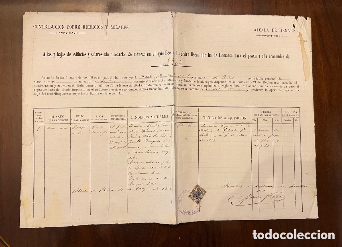 Documentos antigos: ALCAL&Aacute; DE HENARES, Madrid.., CONTRIBUCION SOBRE EDIFICIOS Y SOLARES (a.1902)