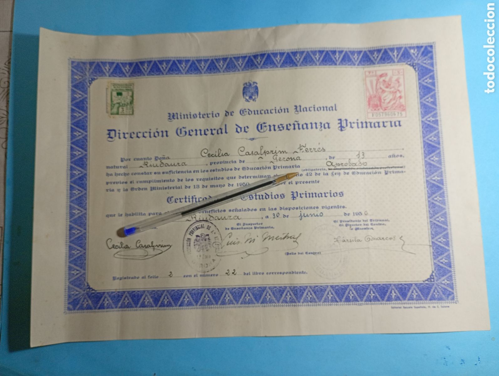 Old Documents: 1956 RIUDAURA CERTIFICADO DE ESTUDIOS PRIMARIOS DE CECILIA............ MINISTERIO EDUCACI&Oacute;N NACIONAL
