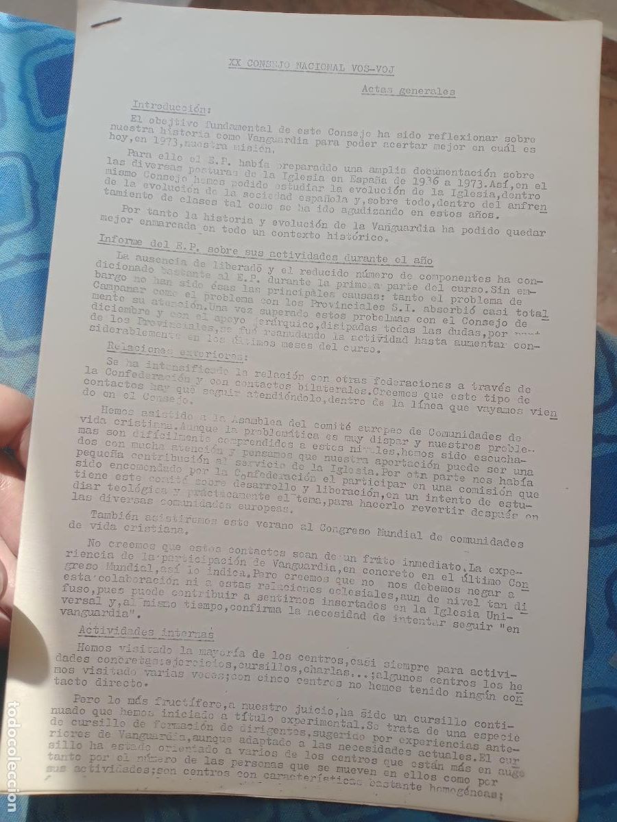 Documentos antiguos: Clandestinidad, transici&oacute;n pol&iacute;tica. ACTAS grales. de VOS-VOJ Madrid 1973 Vanguardia Sindical Obrera