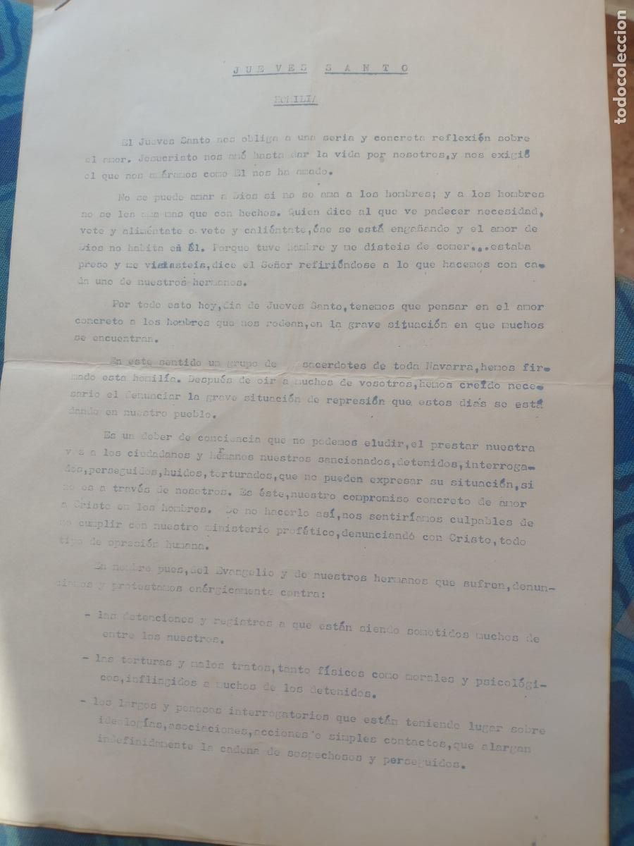Documentos antiguos: Homil&iacute;a, Navarra 1973. Transici&oacute;n pol&iacute;tica: detenciones, conflictos laborales, represi&oacute;n