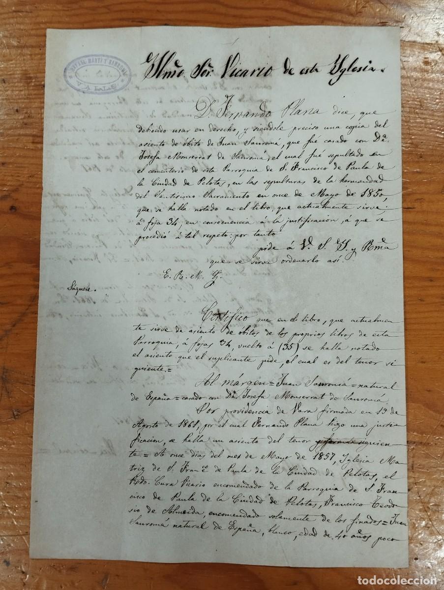 Alte Dokumente: CARTA CERTIFICADO DE DEFUNCI&Oacute;N CIUDAD PELOTAS (BRASIL) CON CERTIFICADO FIRMADO POR VICECONSUL (1861)