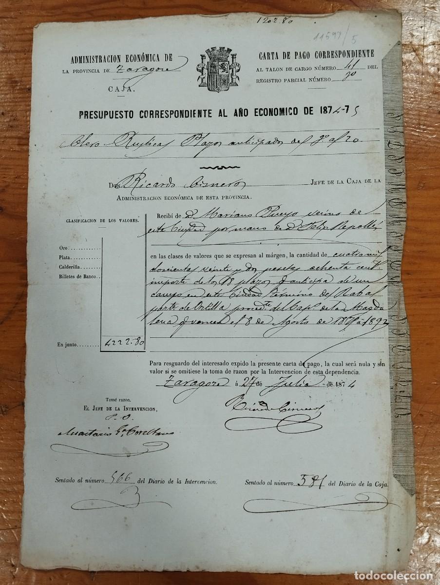 Alte Dokumente: CARTA DE PAGO PRESUPUESTO A&Ntilde;O 1874 - 75 SEG&Uacute;N TALON N&ordm; 41 DE MARIANO PUEYO ADMINISTRACI&Oacute;N.