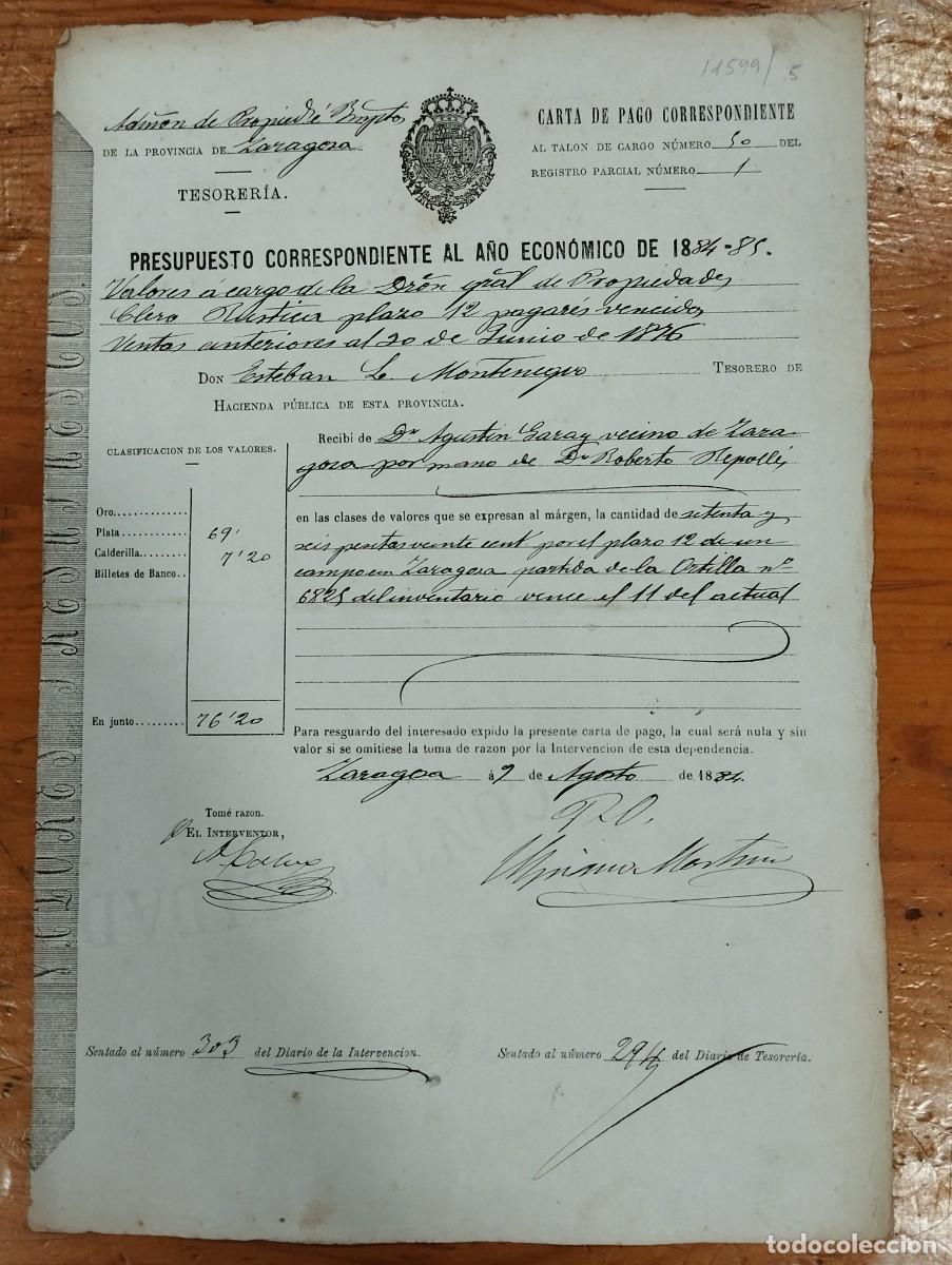 Alte Dokumente: CARTA DE PAGO PRESUPUESTO A&Ntilde;O 1884 - 85 SEG&Uacute;N TALON N&ordm; 50 DE AGUST&Iacute;N GARAY. ADMINISTRACI&Oacute;N.