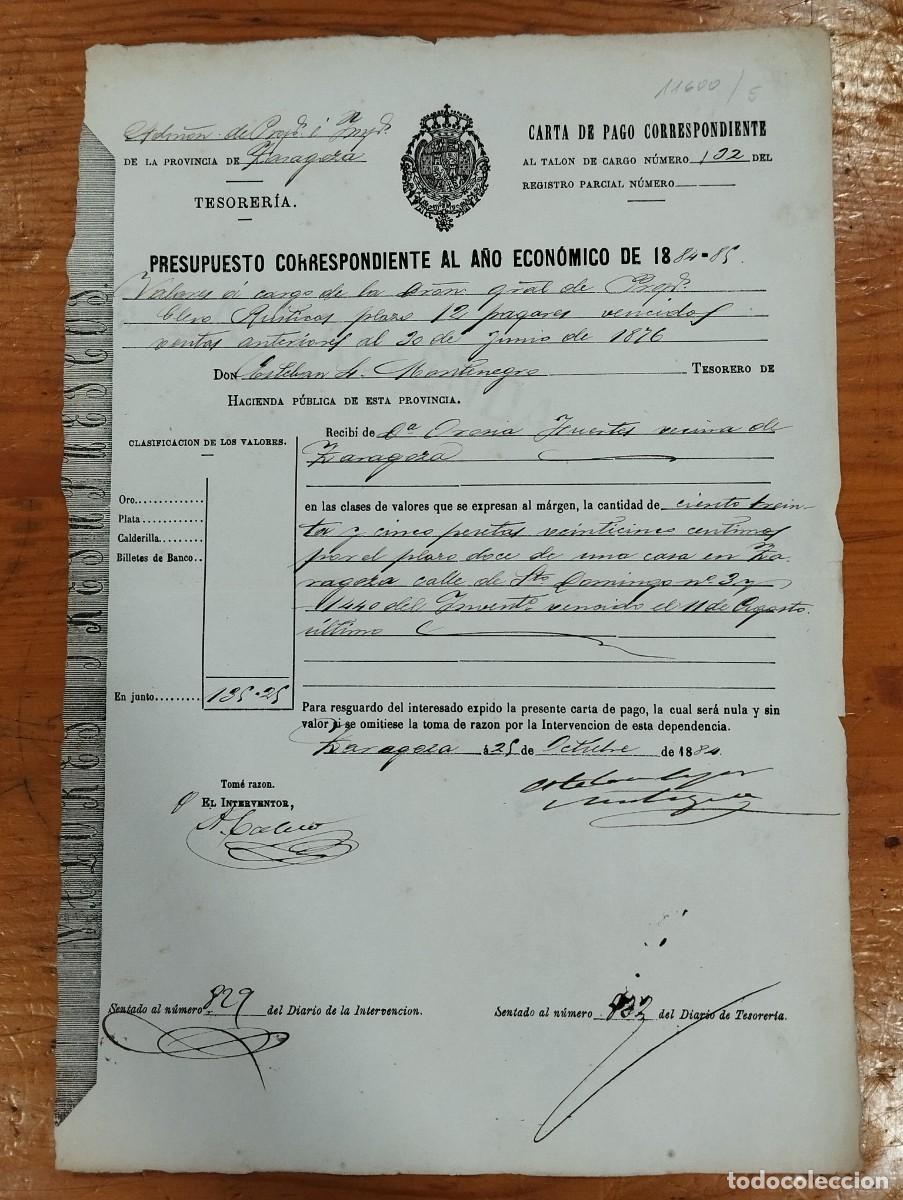 Alte Dokumente: CARTA DE PAGO PRESUPUESTO A&Ntilde;O 1884 - 85 SEG&Uacute;N TALON N&ordm; 132 DE ORESIA FUERTES. ADMINISTRACI&Oacute;N.