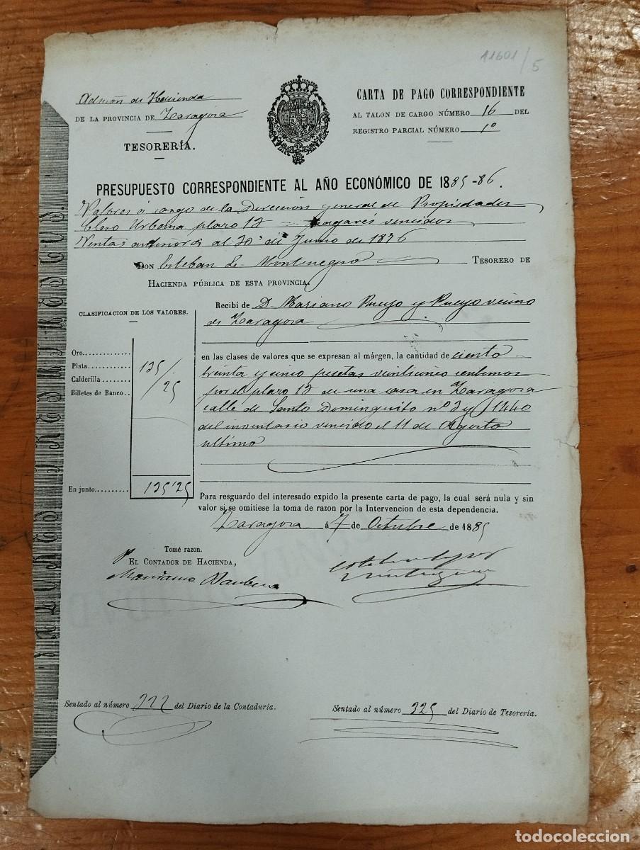 Alte Dokumente: CARTA DE PAGO PRESUPUESTO A&Ntilde;O 1885 - 86 SEG&Uacute;N TALON N&ordm; 16 DE MARIANO PUEYO. ADMINISTRACI&Oacute;N.