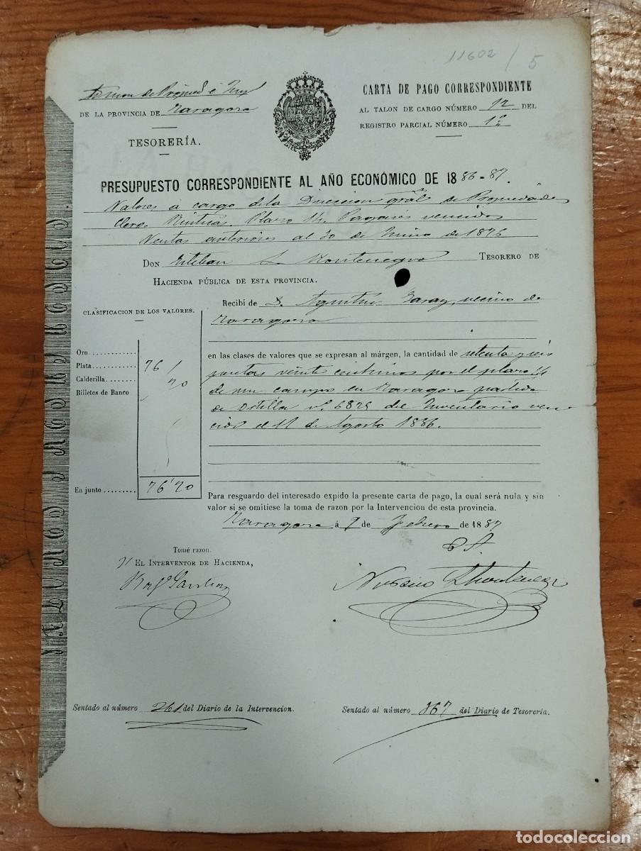 Alte Dokumente: CARTA DE PAGO PRESUPUESTO A&Ntilde;O 1886 - 87 SEG&Uacute;N TALON N&ordm; 12 DE AGUSTIN GARAY. ADMINISTRACI&Oacute;N.
