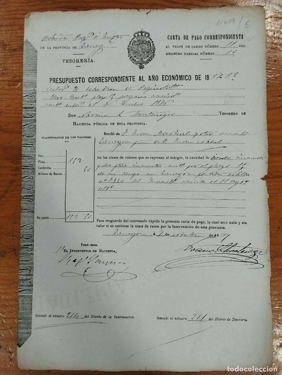 Alte Dokumente: CARTA DE PAGO PRESUPUESTO A&Ntilde;O 1887 - 88 SEG&Uacute;N TALON N&ordm; 11. ADMINISTRACI&Oacute;N.