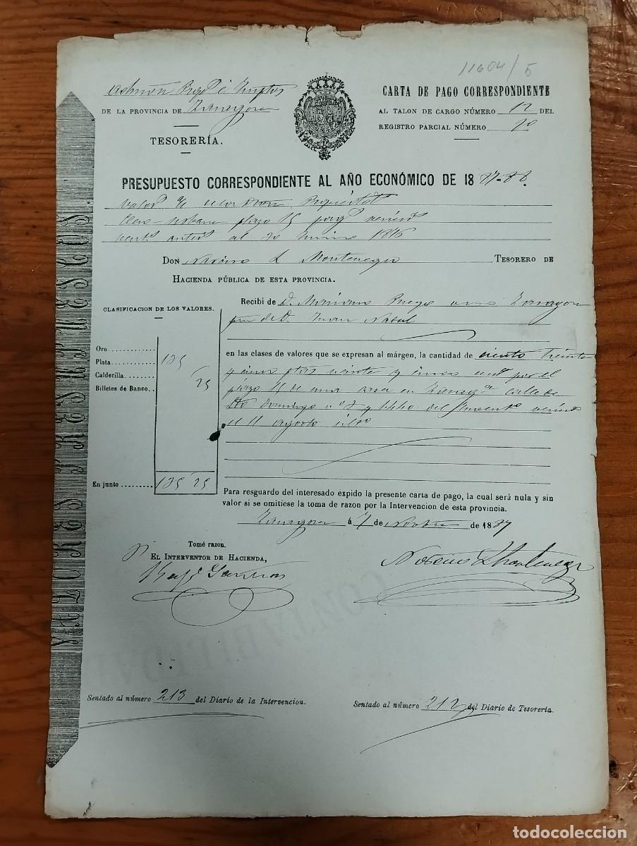 Alte Dokumente: CARTA DE PAGO PRESUPUESTO A&Ntilde;O 1887 - 88 SEG&Uacute;N TALON N&ordm; 12. ADMINISTRACI&Oacute;N.