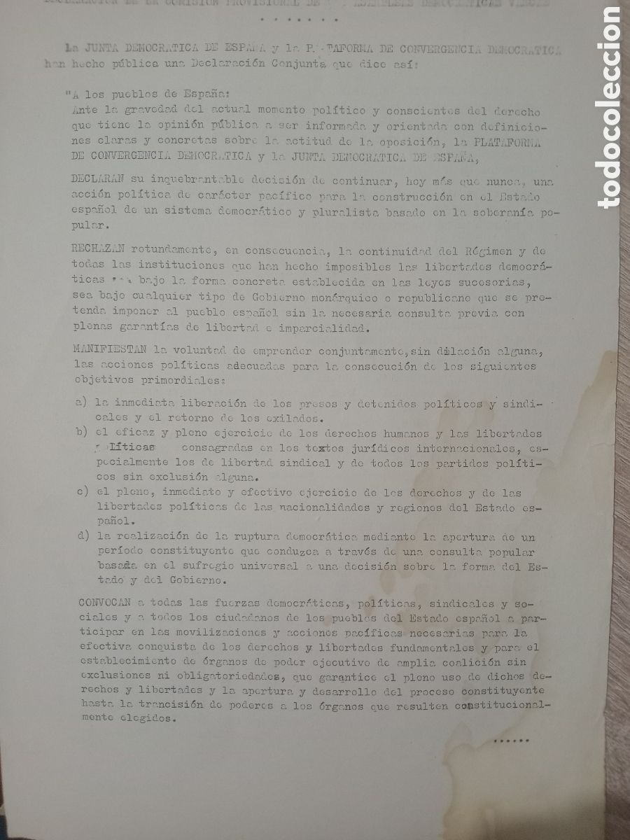 Documentos antigos: Transici&oacute;n 1975. Proclama Junta Democr&aacute;tica de Espa&ntilde;a