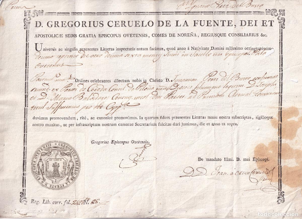 Old Documents: EL OBISPO DE OVIEDO GREGORIO CERUELO DE LA FUENTE CONFIRMA TONSURA A IGNACIO PEREZ DEL BUSTO. 1817