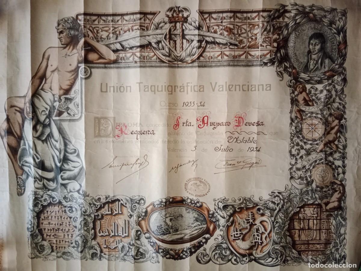 Old Documents: UNION TAQUIGRAFICA VALENCIANA - ANTIGUO DIPLOMA 1934.