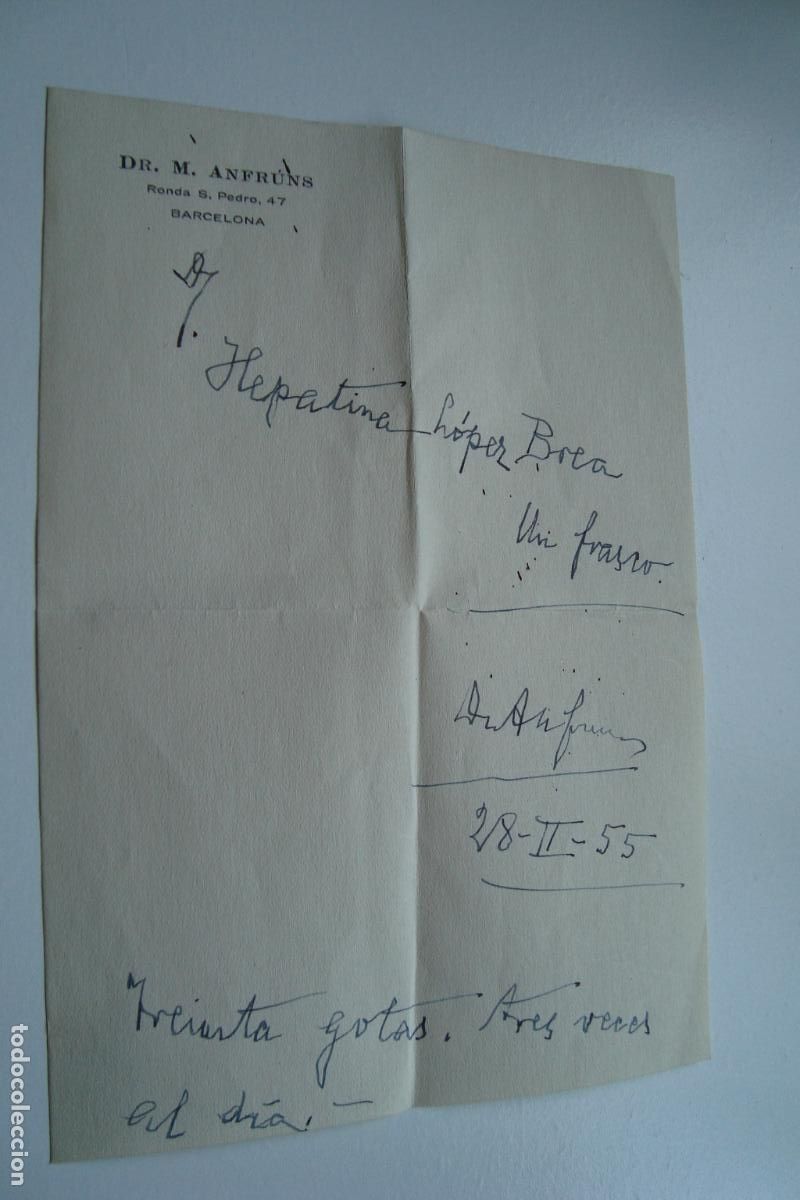 Old Documents: ANTIGUA RECETA MEDICA. DR. M. ANFRUNS BARCELONA 1955.