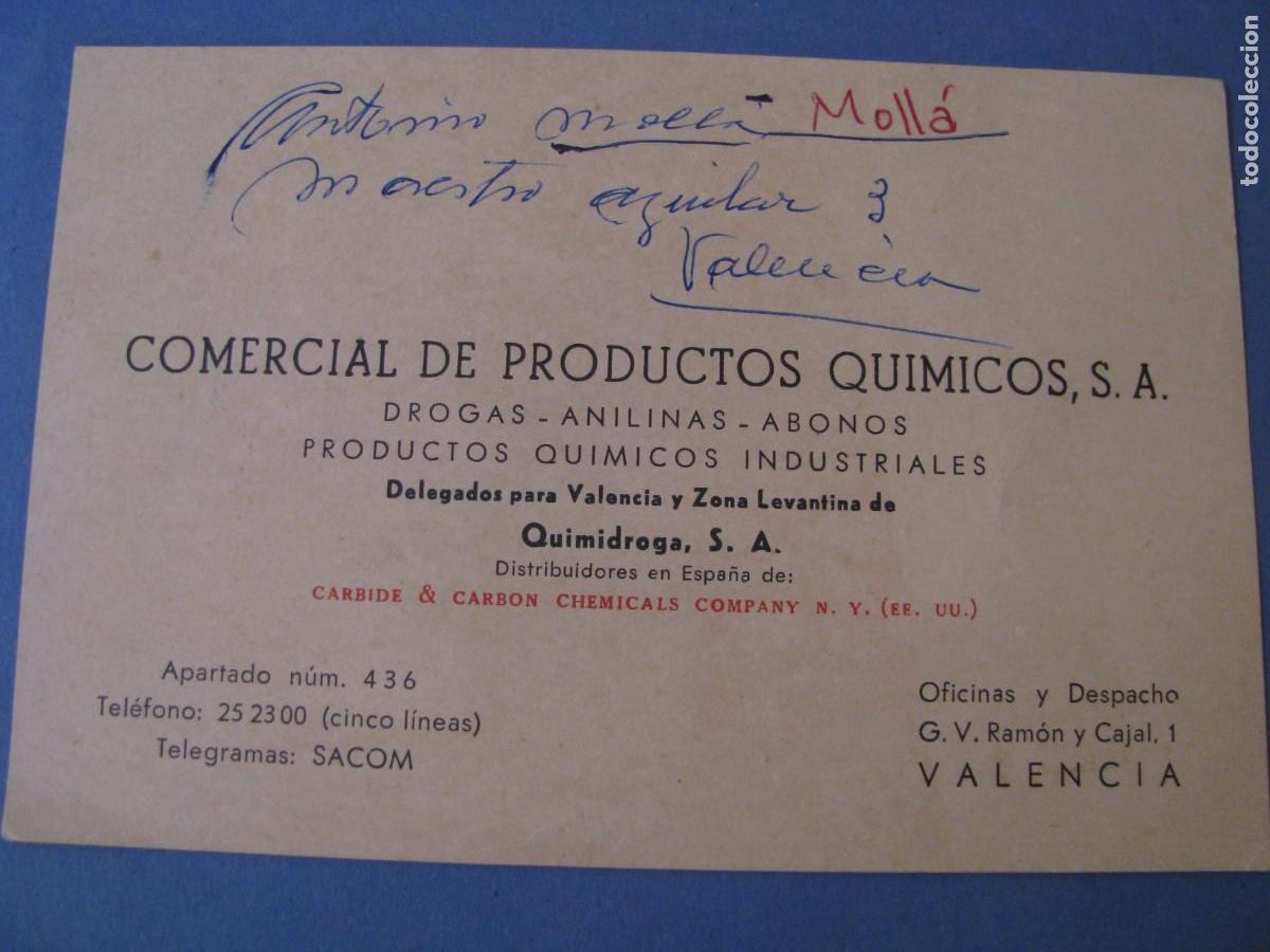 Documents Anciens: TARJETA DEL COMERCIAL DE PRODUCTOS QUIMICOS S. A. PRODUCTOS QUIMICOS QUIMIDROGA, VALENCIA